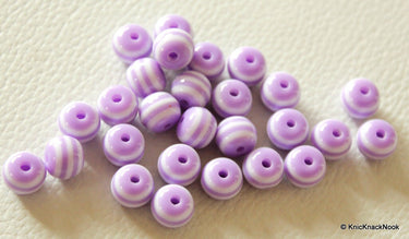 8mm Purple And White Striped Round Resin Spacer Beads x 20